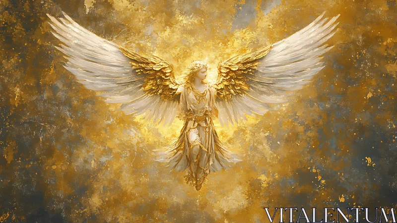 Radiant golden seraph ascending through luminous heavens.