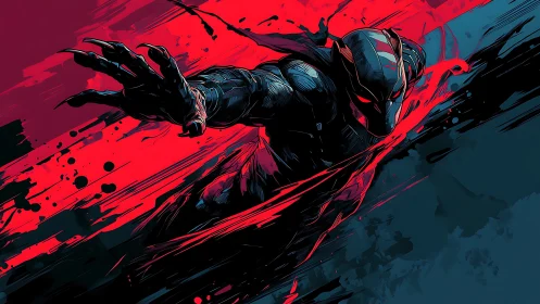 Masked futuristic warrior lunges through red and teal void