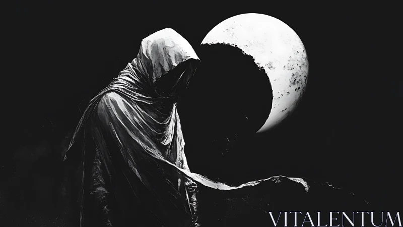 Lunar-eclipsed hooded silhouette in high contrast chiaroscuro.