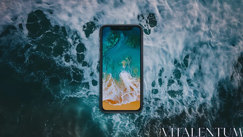 Smartphone with ocean wallpaper centered over sea surface.