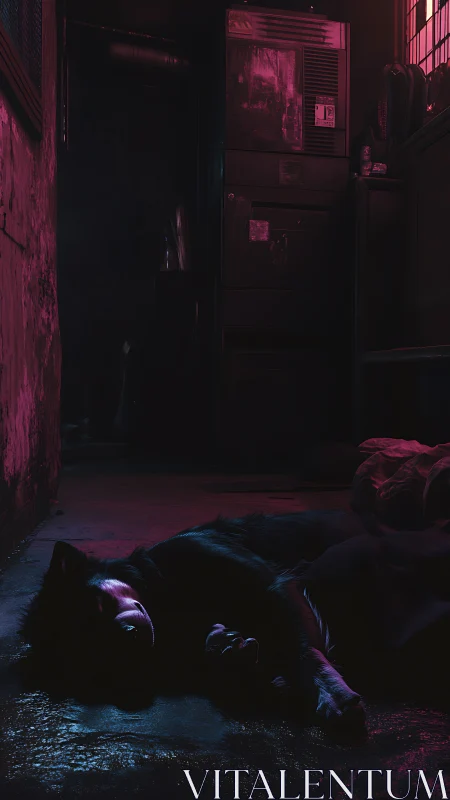 Dog lying on wet alley floor under neon pink light.