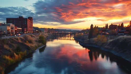 River mirrors a burning sky as small city lights quietly wake