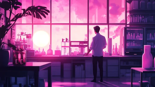 Laboratory researcher silhouetted against neon sunset sky.