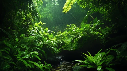 Tropical Rainforest Stream with Canopy Coverage and Lush Understory Vegetation