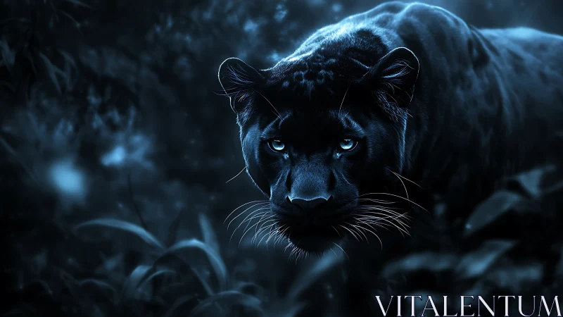 Black panther rendered with luminescent blue eyes and nocturnal atmospheric detail