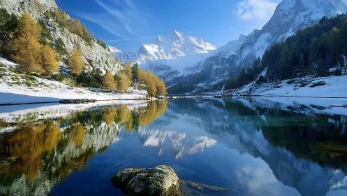 Snow-capped alpine range mirrored in crystal mountain lake.