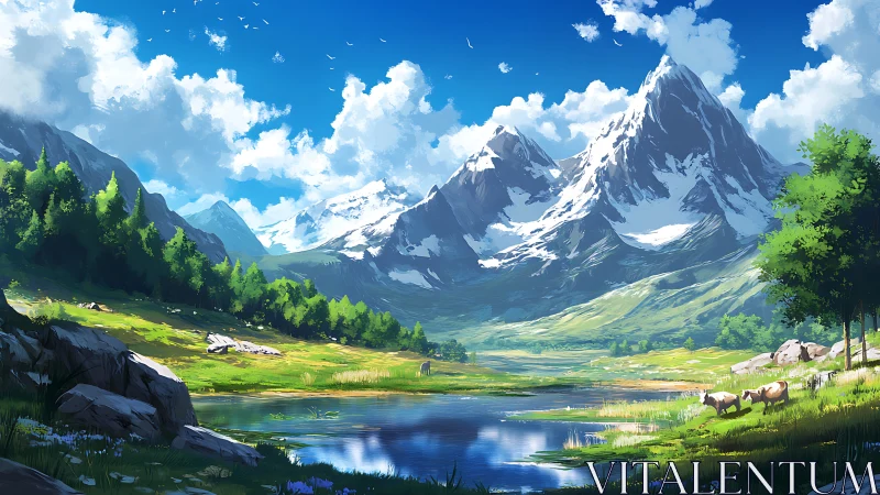 Snowcapped mountain range above reflective alpine meadow lake.