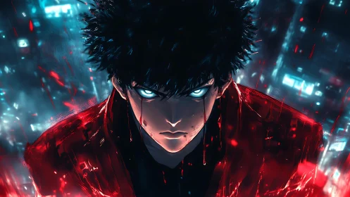 Electric-eyed anime warrior ignites a neon-soaked nightscape