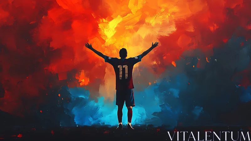 Footballer silhouette celebrates amid blazing abstract sky.