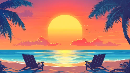 Sunset illuminates tropical beach with two empty chairs