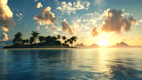 Tropical Island Sunset with Golden Hour Illumination and Dramatic Cumulus Cloud Formation
