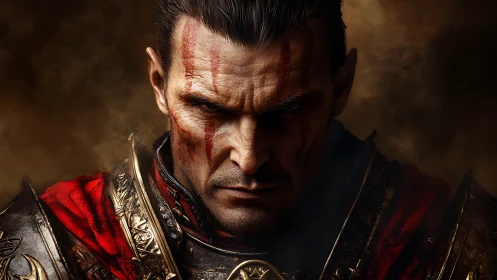 Battle-scarred warlord portrait with cinematic chiaroscuro lighting.