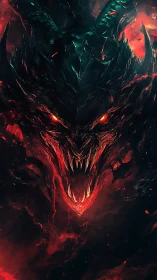 Demonic dragon face emerging from fiery red darkness.