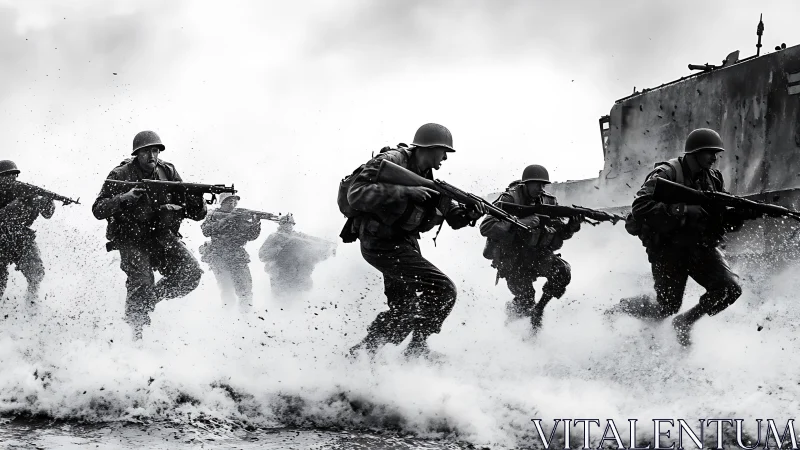 World War II amphibious assault troops advancing through surf