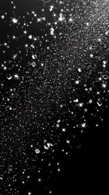 Glittering crystal particle stream on black, high-contrast layout.