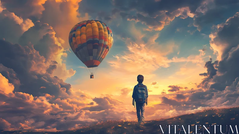 Boy watches a hot air balloon drift into a glowing sunset sky