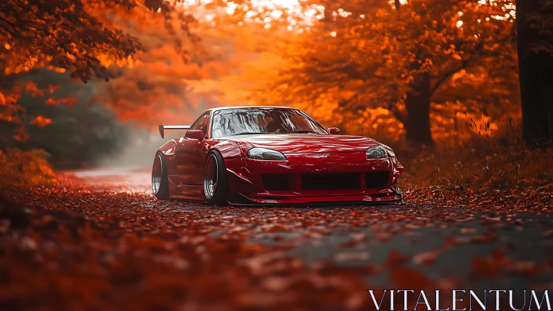 Widebody red sports coupe on autumn forest road at golden hour.