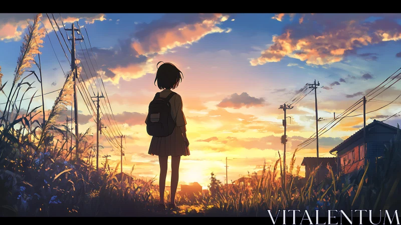 Girl stands on rural road watching vivid sunset sky.
