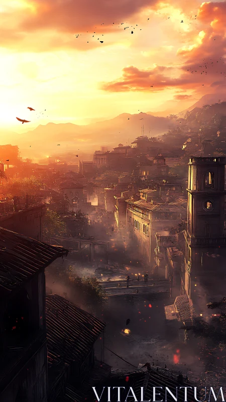 Golden dusk settles gently over a quiet fantasy city