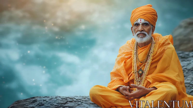 Elderly monk in saffron robes meditates on rock before soft bokeh sea