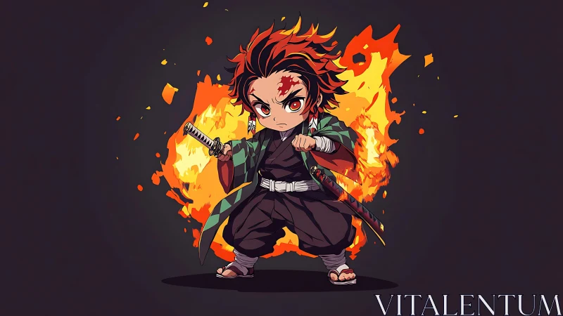 Chibi anime swordsman in combat stance before stylized fire.