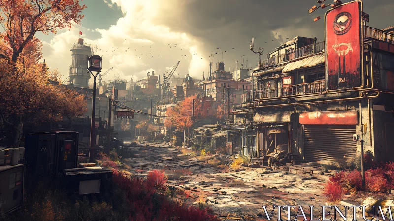 Post-apocalyptic industrial street rendered in cinematic detail