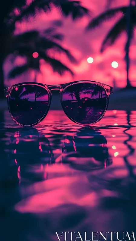 Neon sunset sunglasses reflect tropical palm shoreline.
