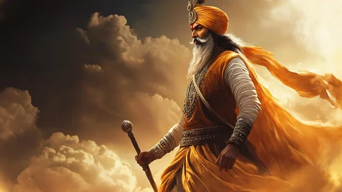 Warrior saint strides through blazing storm clouds