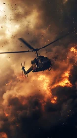 Military helicopter descends through dense firestorm clouds
