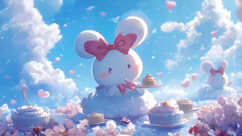 Cloudy bunny pâtissier serves cupcakes in a sugar sky