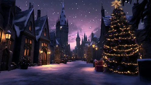 Snowy medieval street glows under magical Christmas lights