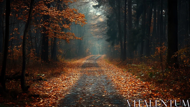 Autumn Forest Road Through Golden Light.