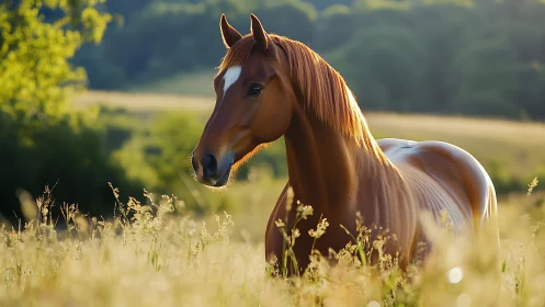 Chestnut horse stands in tall sunlit grassland field