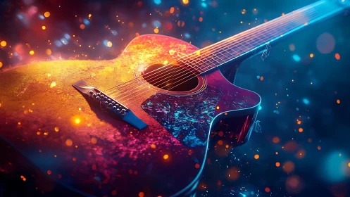 Neon embers serenade a glowing acoustic guitar in stardust.