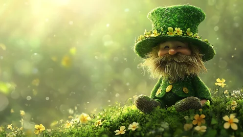 Mossy hat gnome basking in clover-bright woodland glow.