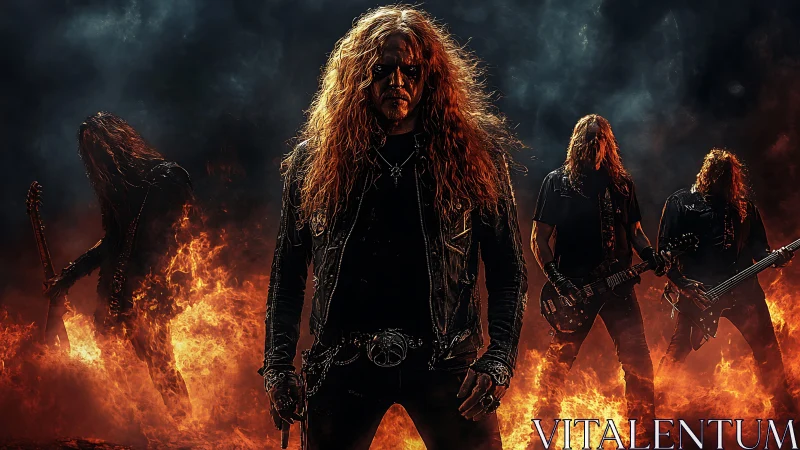 Heavy metal band stands amid inferno under dark storm sky