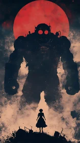 Silhouetted robot and human figure before large red sun.