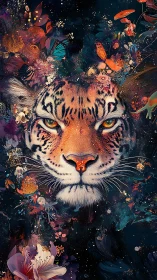 Tiger visage integrated with chromatic floral particle field.