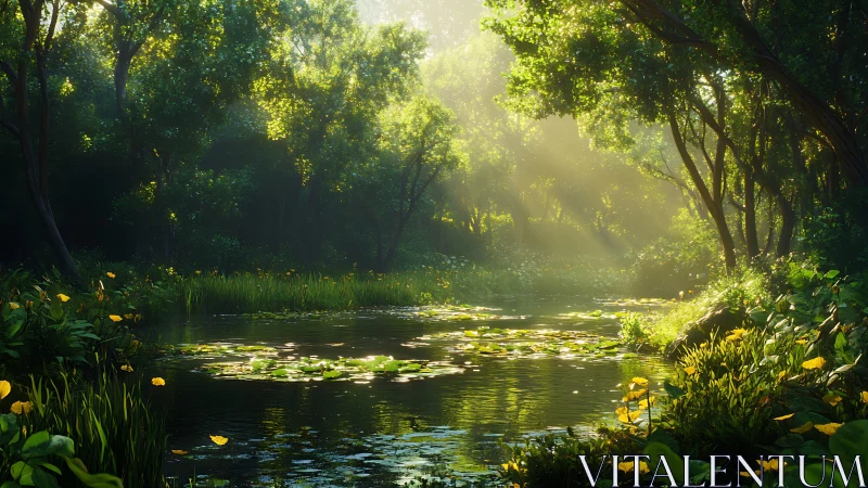 Sunlit forest creek with lily pads and dense summer foliage.