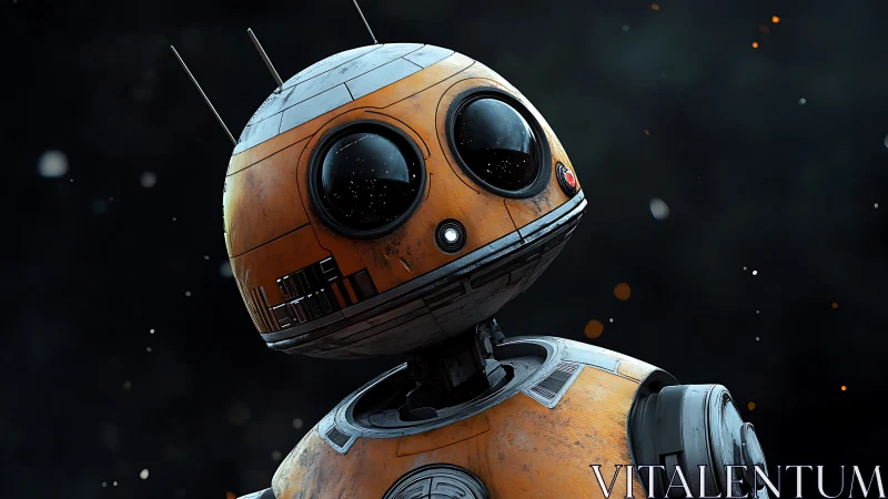 Rust-toned spherical droid portrait with cinematic depth.