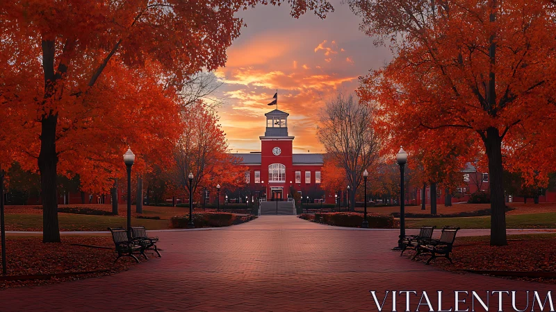 Golden autumn campus walkway glows under a gentle sunset sky