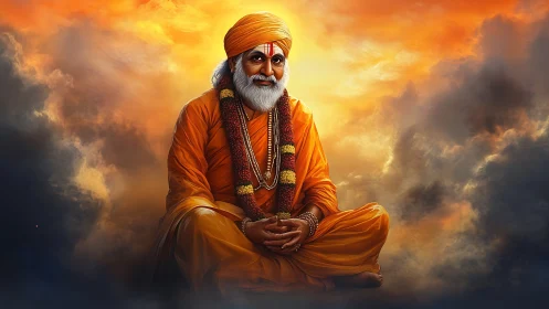 Meditative Hindu sage sits in radiant orange twilight cloudscape