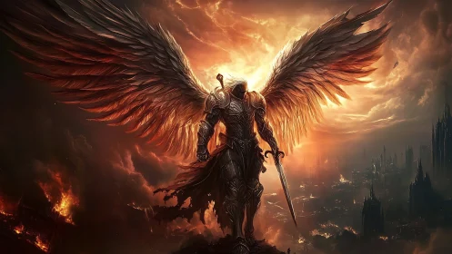 Armored seraph warrior with flaming wings above ruined city
