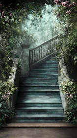 Secret moss-lit staircase into the whispered garden sky.