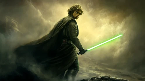 Cloaked warrior with green energy sword in stormy mist.