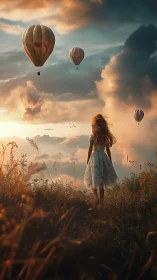 Girl observing hot air balloons over sunlit hillside field.