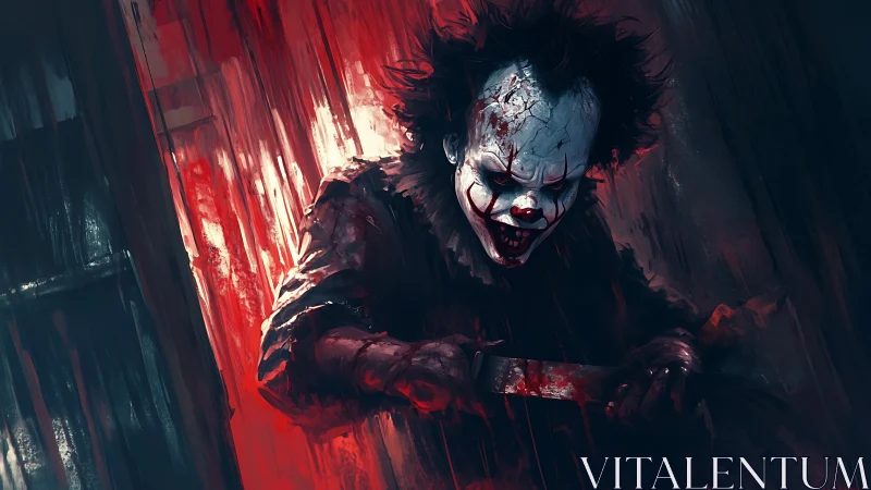 Sinister clown killer lunging through bloodstreaked shadows.