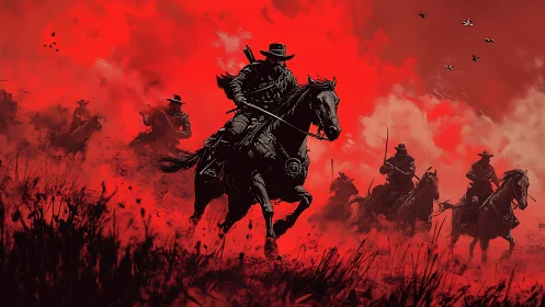 Riders charge through red dust in a stark western scene.