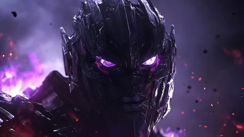 Cybernetic warlord portrait with glowing violet eyes.