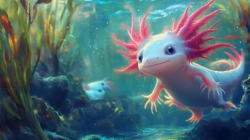 Digital axolotl gliding through luminous kelp forest.